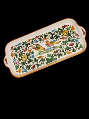 One of a kind Hand-Painted Ceramic Serving Tray with Bird Motif - Multicolor